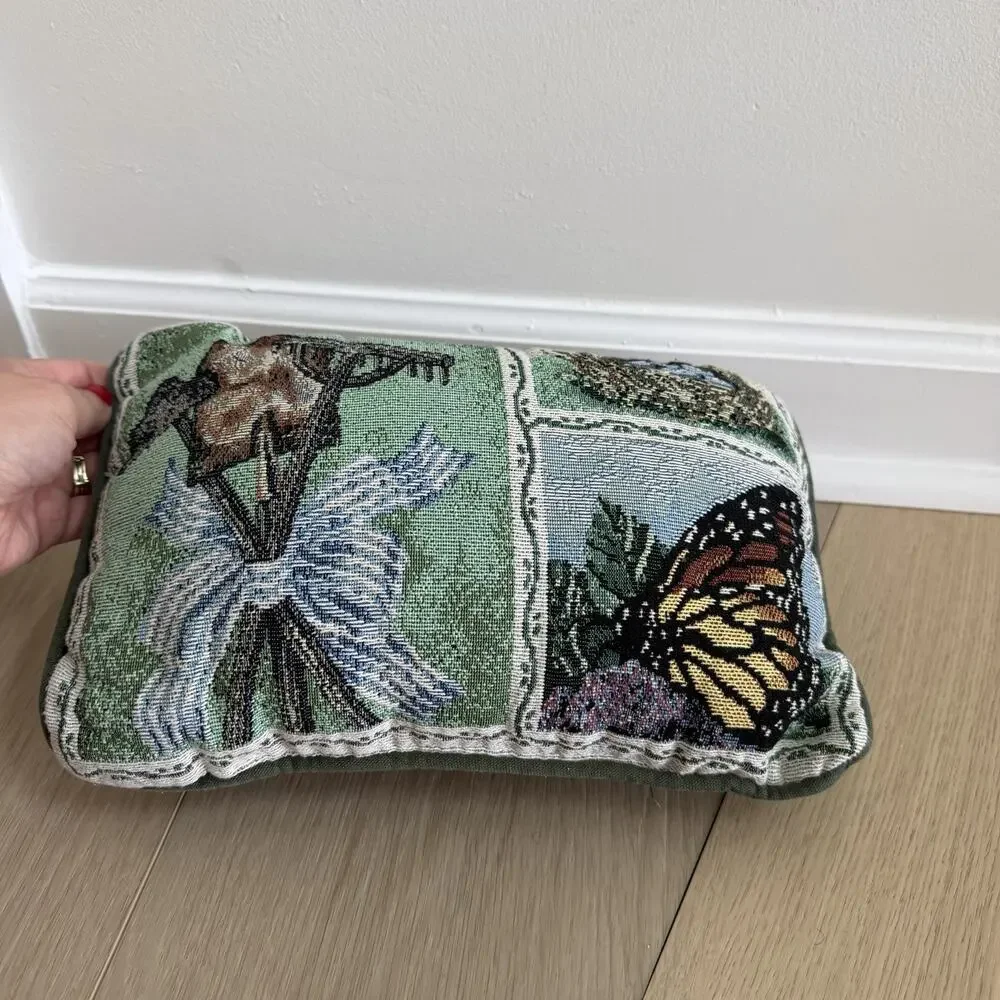 Vintage Tapestry Throw Pillow 12x8” Gardening Butterfly Spring
